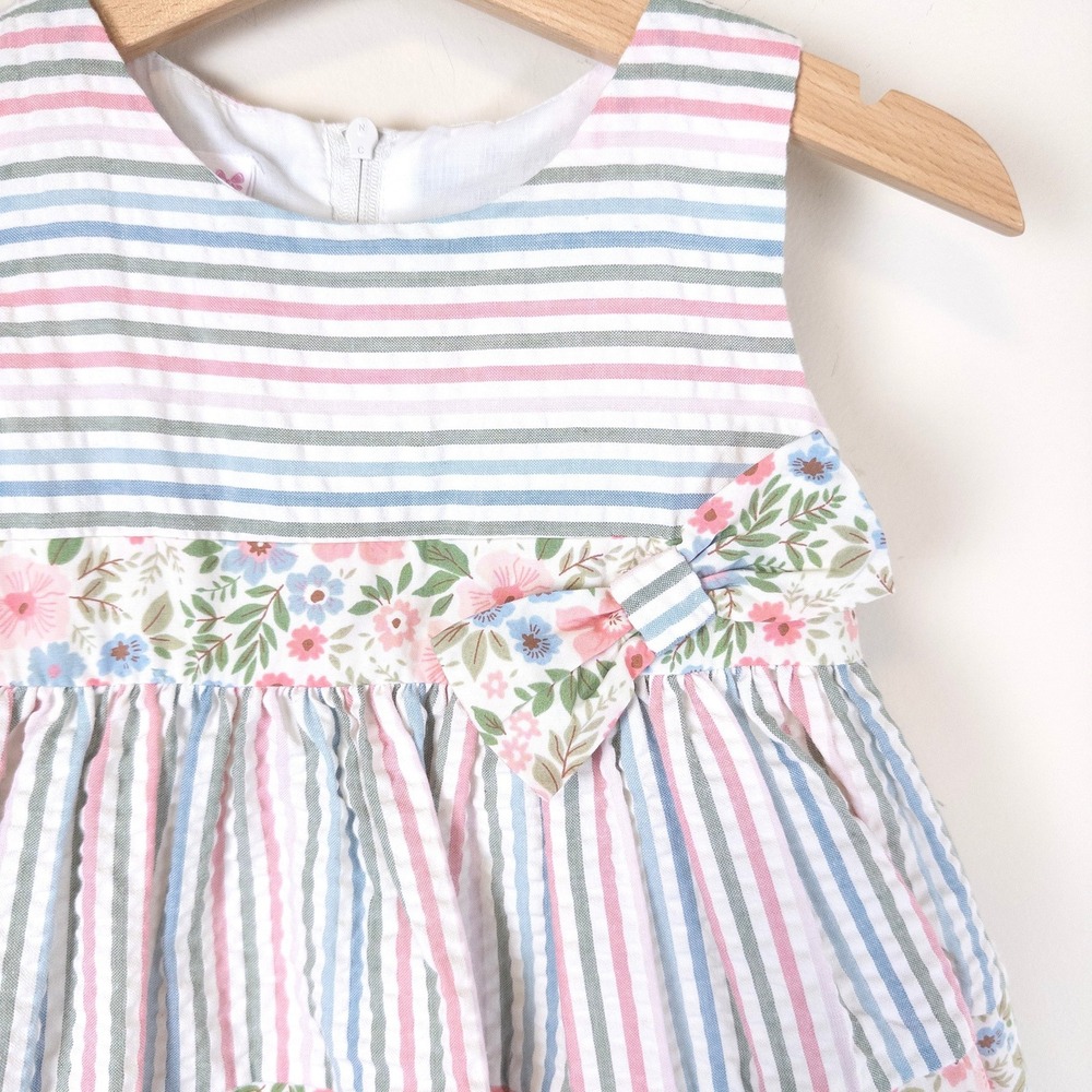 Bonnie Baby Dress Kids 18M Pink Blue Striped Floral Seersucker Sleeveless Bow - Picture 2 of 7